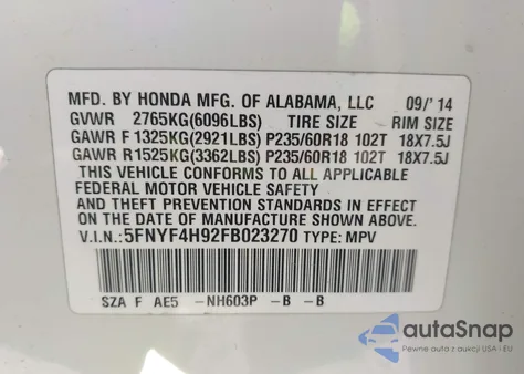 2015 Honda Pilot Touring из США, поврежденный, VIN 5FNYF4H92FB023270